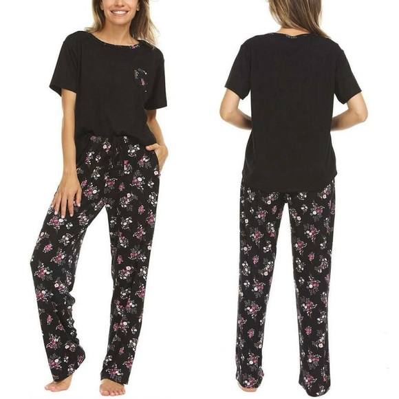 NWT Flora Nikrooz Women’s 2-Piece Pajamas Set Short Sleeve Top & Pants Black M - Picture 1 of 7